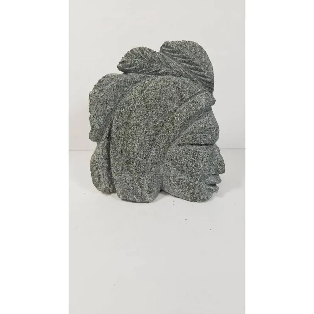 Vintage Native American Stone Bust, Hand Carved Head Profile Statue Signed 6